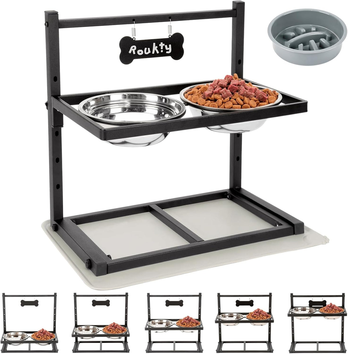 ADENGL Elevated Dog Bowls with Slow Feeder, 5 Adjustable Heights, Anti-Slip, Durable Metal Frame, Spill Proof Mat, Rust-Resistant Bowls, Easy to Clean