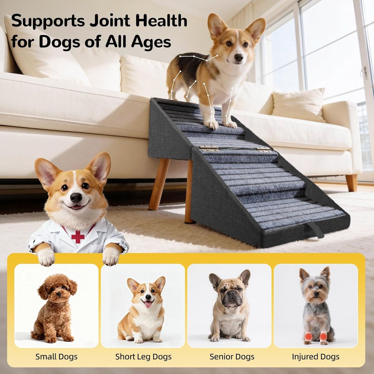 Dog Stairs for Small Dogs, 2-in-1 Dog Safety Ramp and Ottoman, 17.13" H
