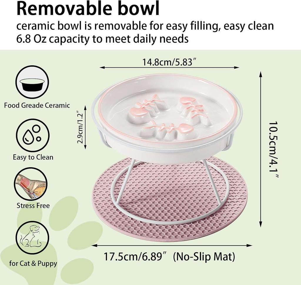 Ceramic Elevated Slow Feeder Cat Bowl, Anti Vomit, Removable Dish Pink