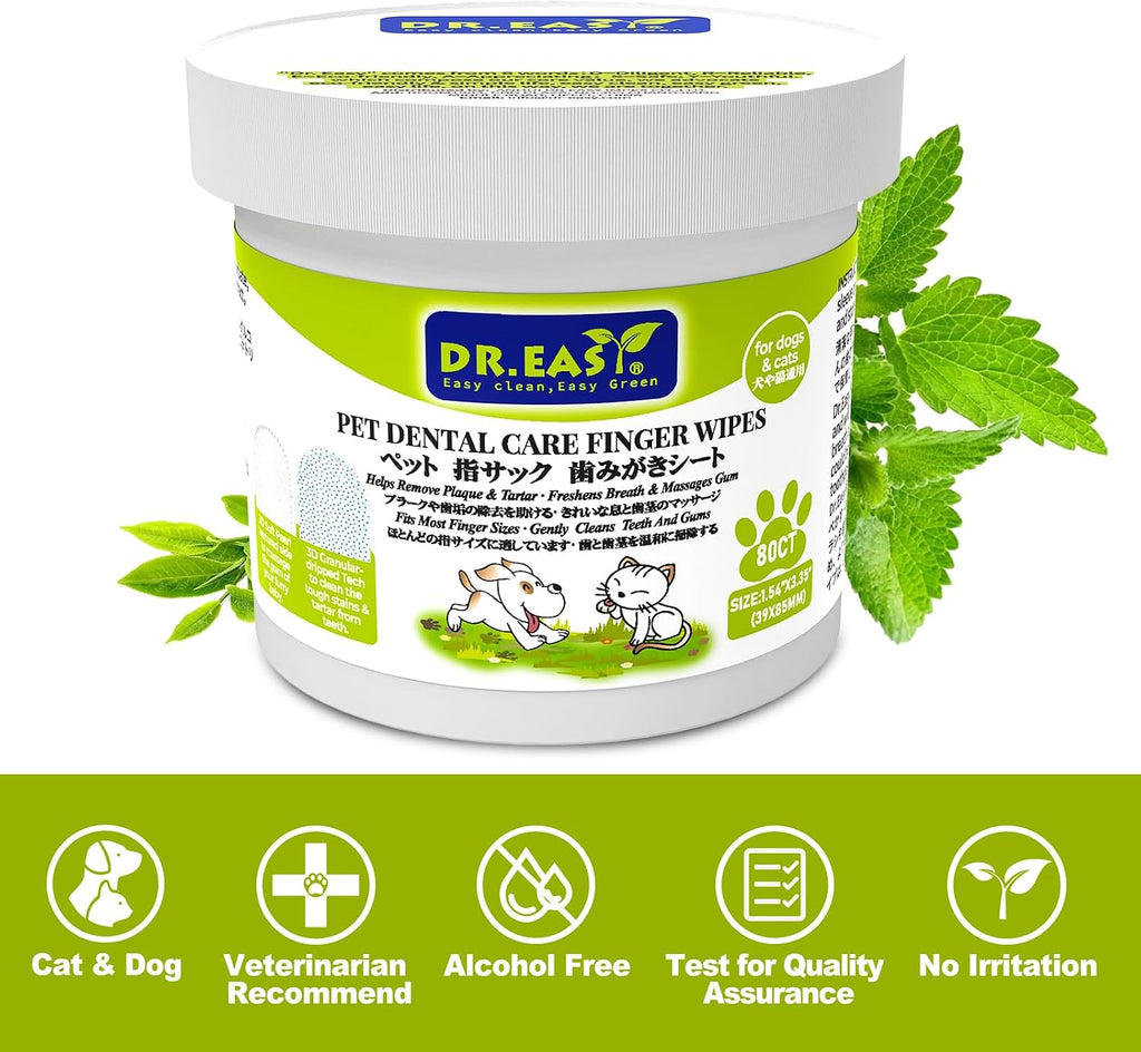 DR.EASY Upgraded Blue Dot Breath Freshener Dental Finger Wipes 80ct for Dog & Cat,Cleaning Pet Teeth Smoothly,Help Wipe Away Plaque&Tartar, No Added Harsh Chemicals No Brush Formula