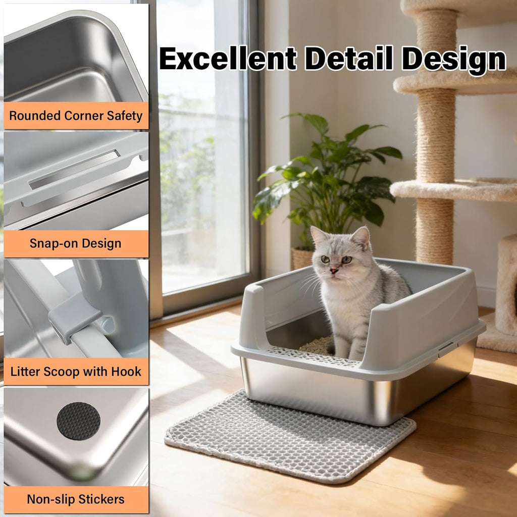 Stainless Steel Litter Box with Lid,Cat Litter Box for Kitten | Metal Kitty Litter Box for Small Cats,Non-Stick,Anti-Leakage,Easy to Clean,Include Scoop and Mat