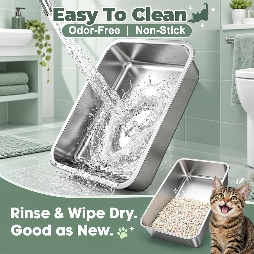 FURTIME Stainless Steel Litter Box with Lid, High Sided Metal Litter Box