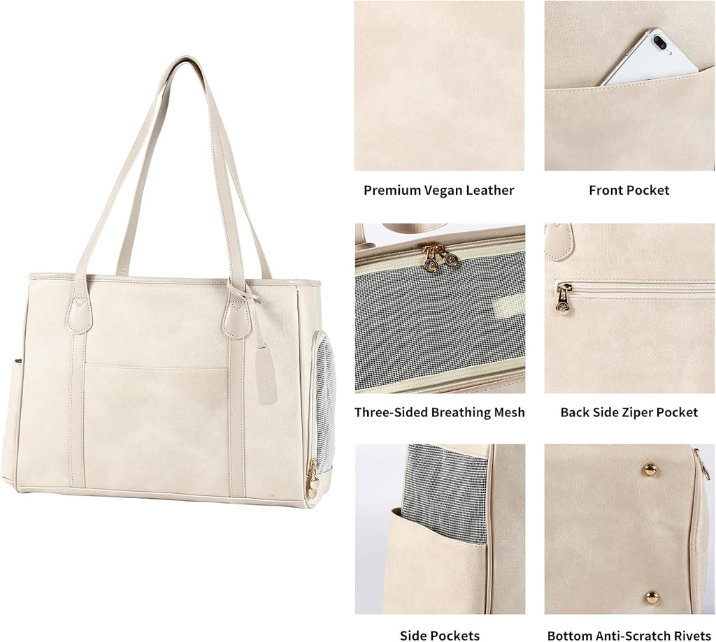 Stylish Dog Purse Carrier, Leather Pet Carrier Bag for Small Dogs Cats Puppy, Airline Approved Soft-Sided Carrier Beige