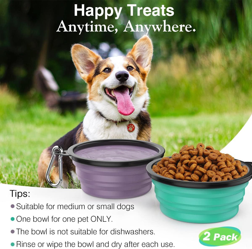 Pawaboo Collapsible Travel Dog Bowls 2 Pack with Lids&Carabiners Silicone | Feeding Watering Bowls for Dogs Cats, Collapsable Water Feeder Food Bowl for Walking Traveling Home Use, VioletTurquoise 