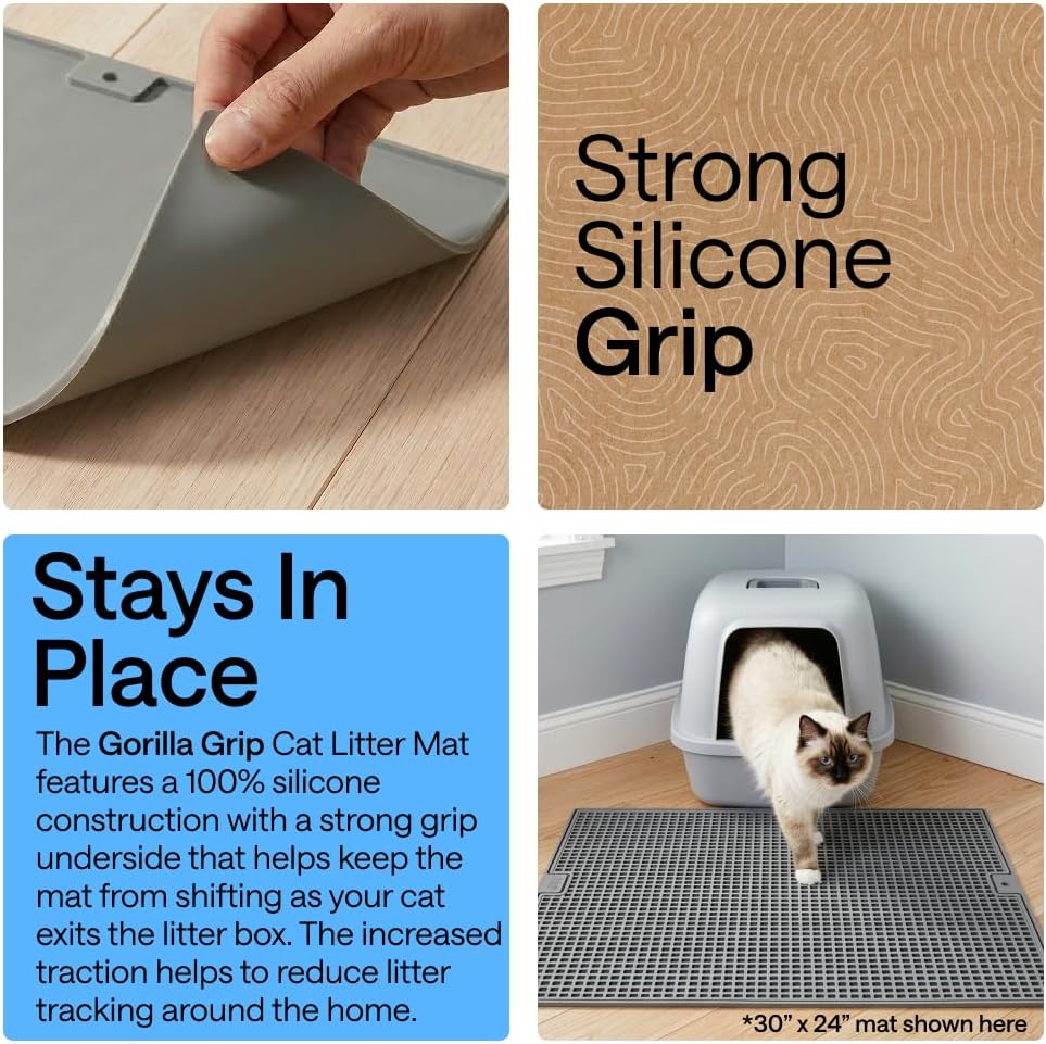 GORILLA GRIP Cat Litter Mat, Dual Layer Silicone Tray, 35x23, Gray