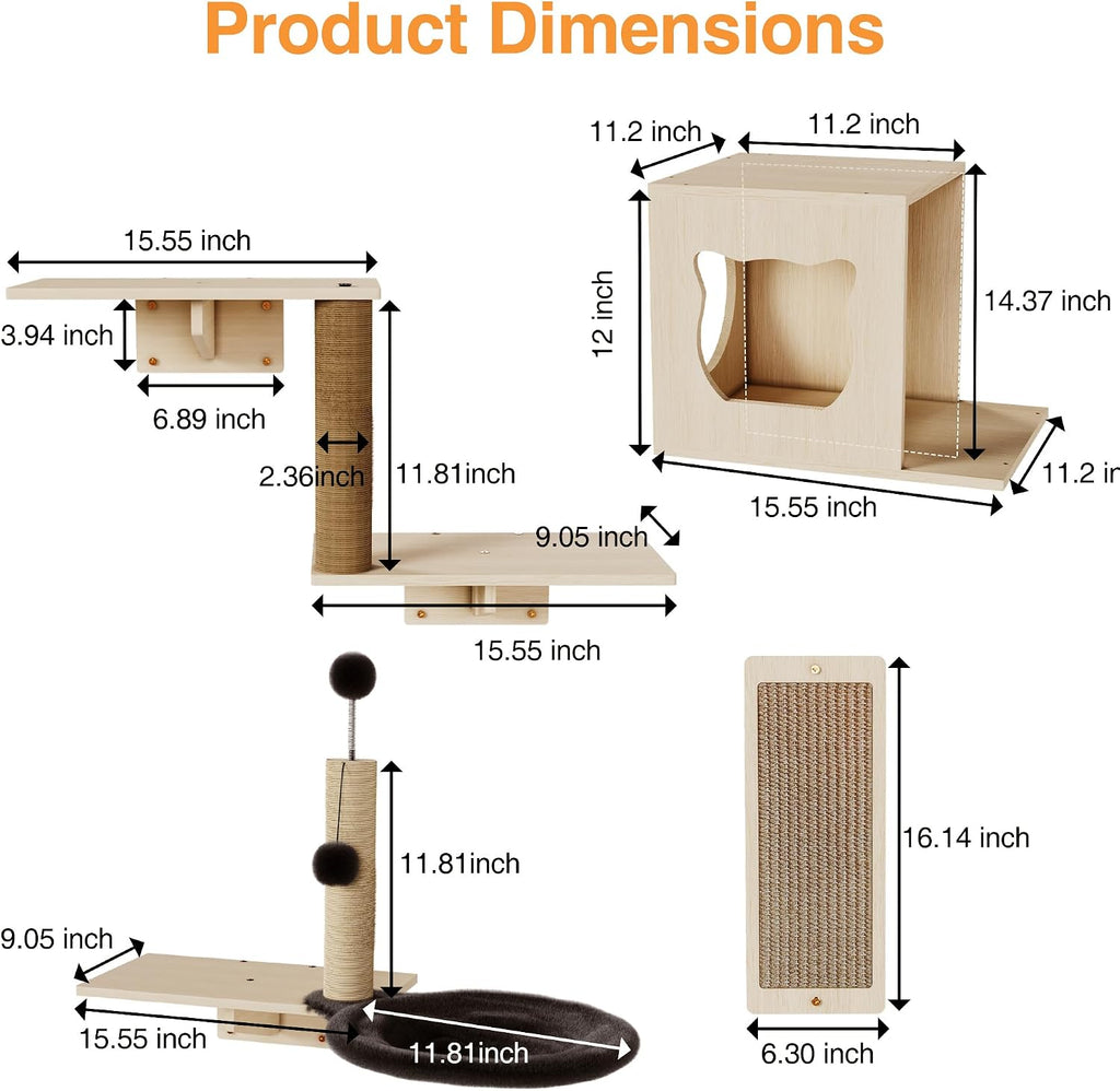 Cat Wall Shelves, Wooden 6-Piece Multi-Level Cat Climbing Furniture, House, Steps, Sisal Scratcher, Perches Bed & Ball, Space-Saving Wall Mounted Cats Shelves for Play & Rest