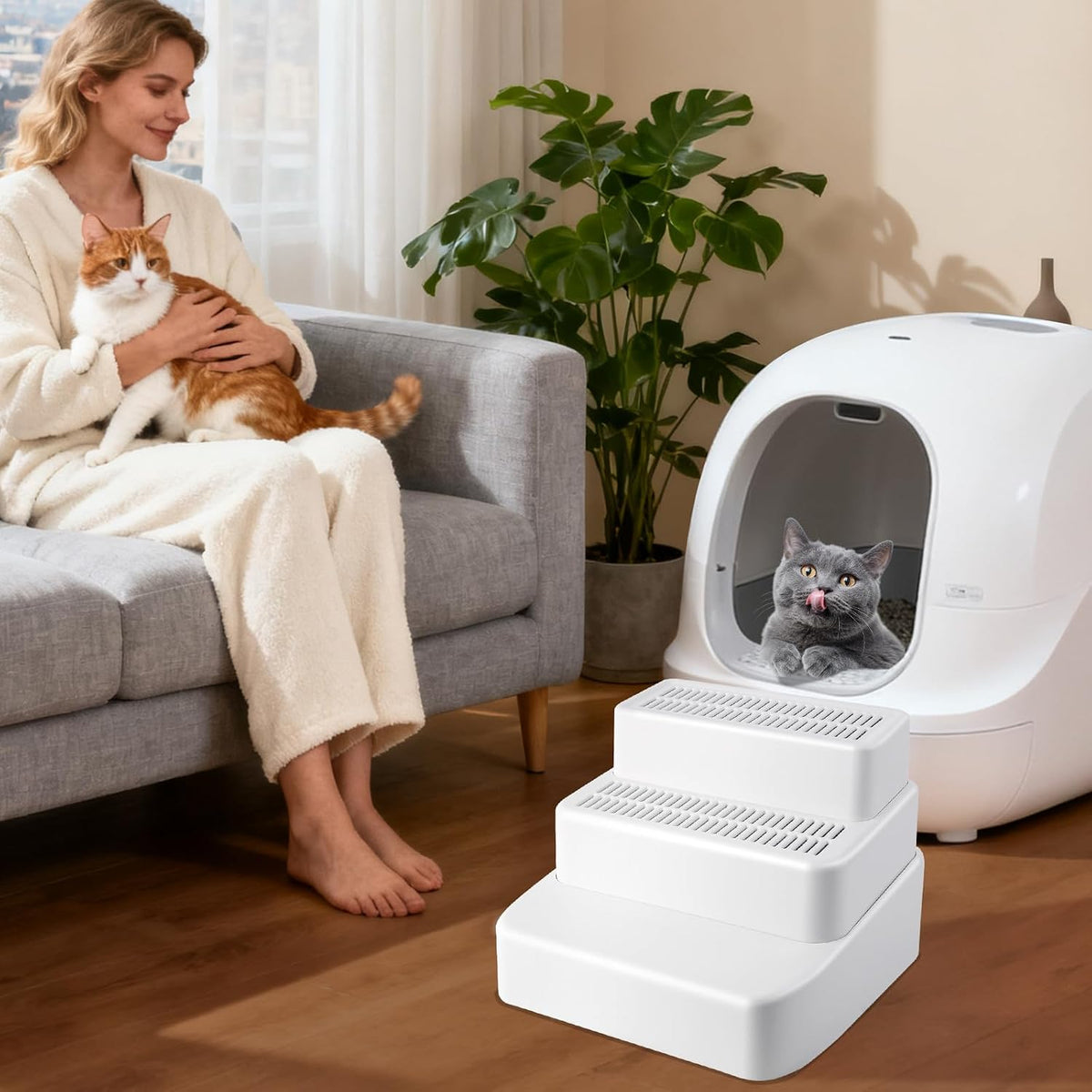 3 Step Litter Box Ramp Adjustable Detachable Litter Box Step, White