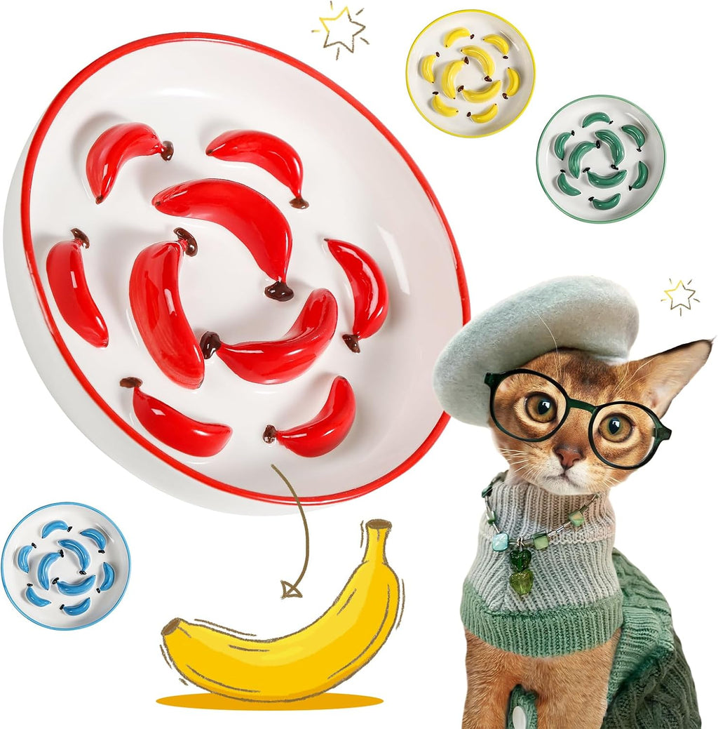 Ceramic Slow Feeder Cat Bowl, 6.3'' Wide Whisker Friendly Cat Puzzle Feeder | Slow Eating 5x, Anti Vomit Shallow Slow Eating Cat Dish for Dry and Wet Food, Contrasting Colors, 6.3" X 1.2"