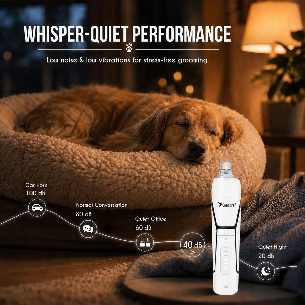 Candure Whisper Quiet Dog Nail Grinder with 360 Degree LED Light, 6-Speed Rechargeable Pet Nail Trimmers with Extra Grinding Head for Safe, Stress-Free Grooming for All Pet Sizes (White)