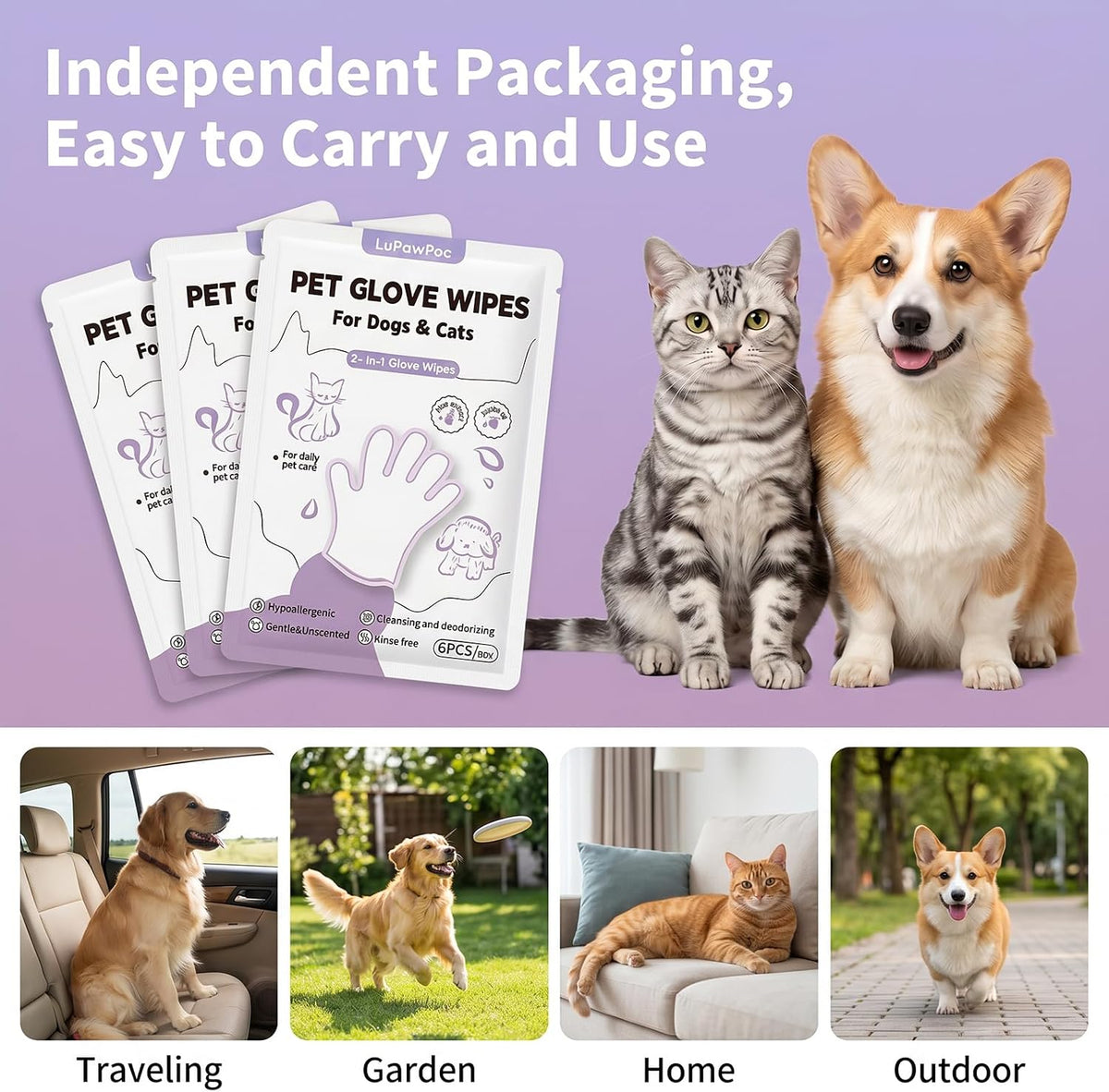 Pet Glove Wipes for Dogs & Cats, 2-in-1 Disposable Dog Cleaning Gloves for Bathing, No-Rinse Grooming Wipes for Paw, Face, Ear & Body, Aloe & Jojoba Oil, 6 Count