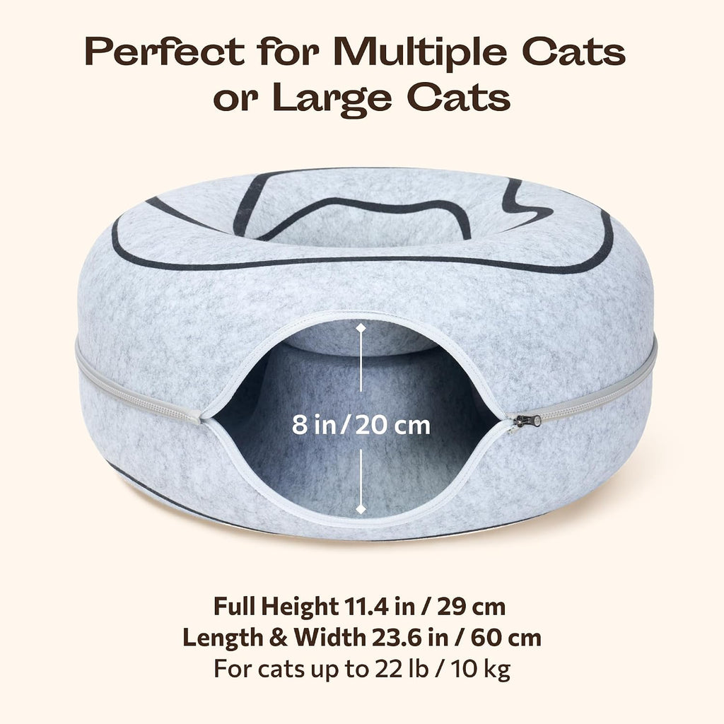 Peekaboo Cat Cave Donut - Cat Tunnel Bed for Indoor Cats – Cute Patterns Hideaway for Multiple & Large Cats, Scratch-Resistant (Light Gray)