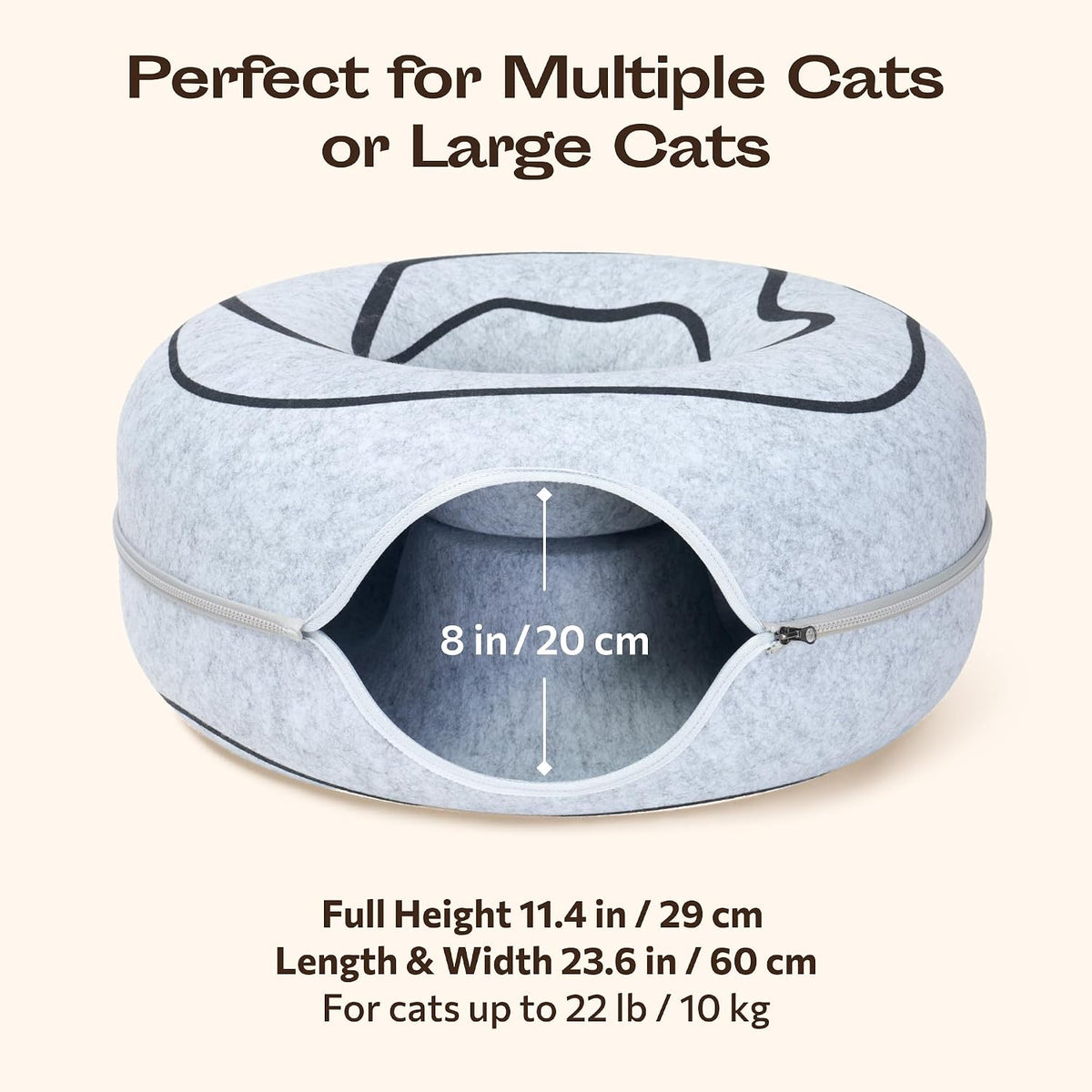 Peekaboo Cat Cave Donut - Cat Tunnel Bed for Indoor Cats – Cute Patterns Hideaway for Multiple & Large Cats, Scratch-Resistant (Light Gray)