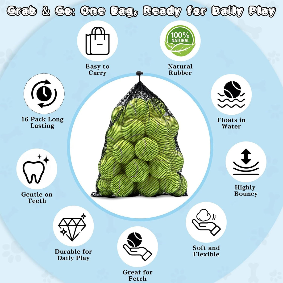 Magicorange Tennis Balls for Dogs,Colorful Easy Catching Dog Balls,16 Pack | Bright Yellow Pet Balls for Dogs,Easy to Spot,Natural Rubber and Soft Felt Gentle on Teeth,Indoor Outdoor Play,with Mesh Bag