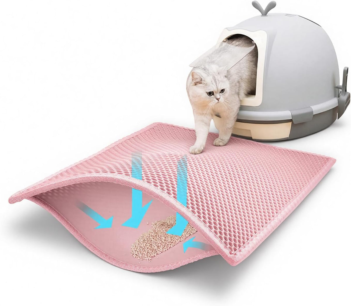 Pieviev Cat Litter Mat, Double-Layer Waterproof Litter Trap, 24" x 15" Pink | Honeycomb Design Catches Scattered Particles to Stop Tracking, Urineproof Base Protects Floors, Easy to Clean