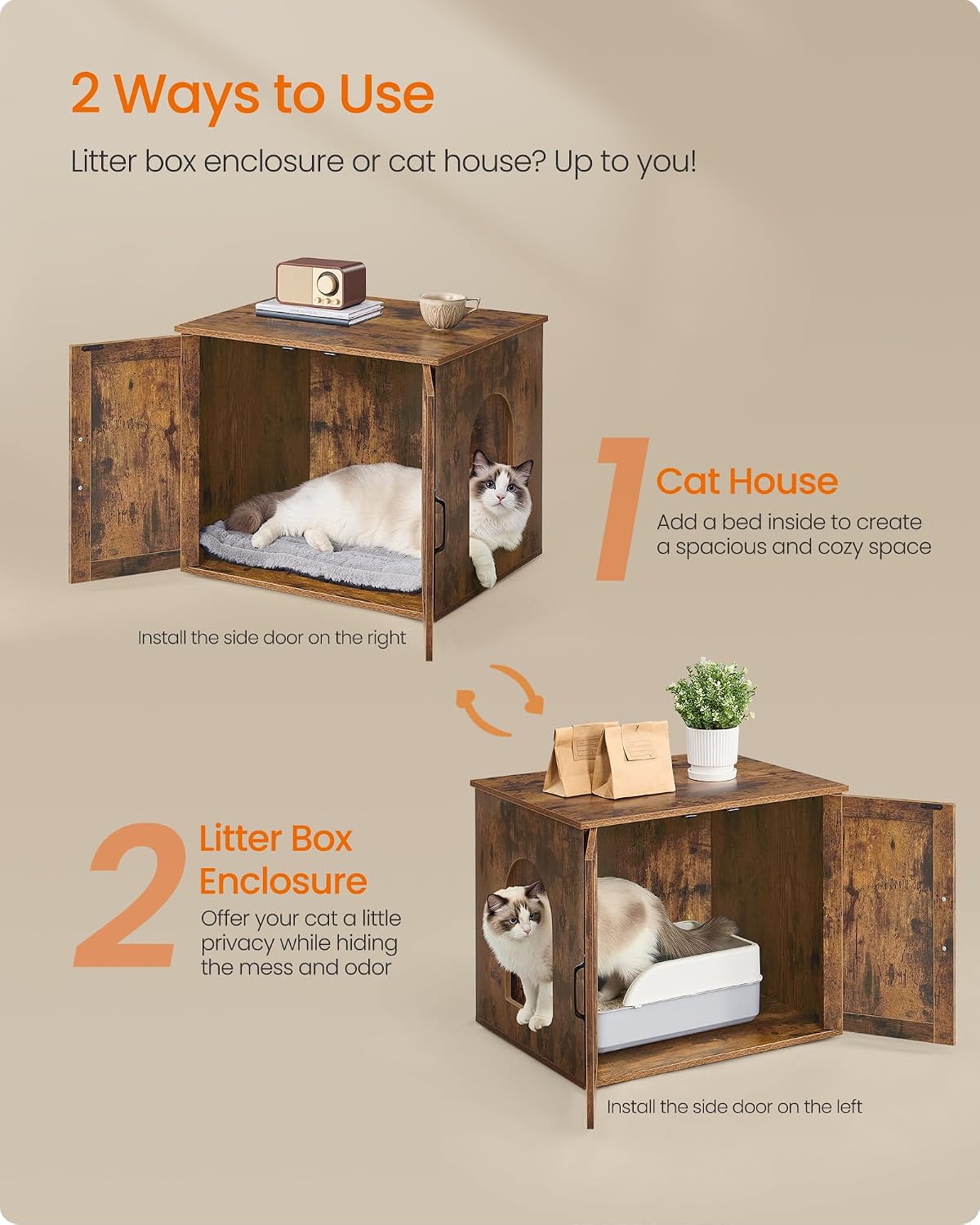 Feandrea Cat Litter Box Enclosure, Indoor Pet House End Table | Hidden Litter Box Furniture, 23.6 x 19.7 x 19.7 Inches, Rustic Brown, HAINS Collection UPCL042L101