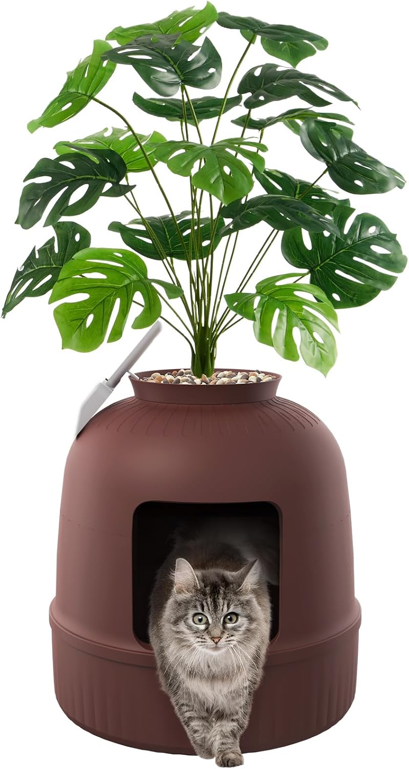 Lifewit Hidden Plant Cat Litter Box with Plastic Scoop, Brown | Extra Large Enclosure Litter Tray with Carbon Filter& Odor Control, Aesthetic Cats Stuff for Living Room, Bathroom, Corner