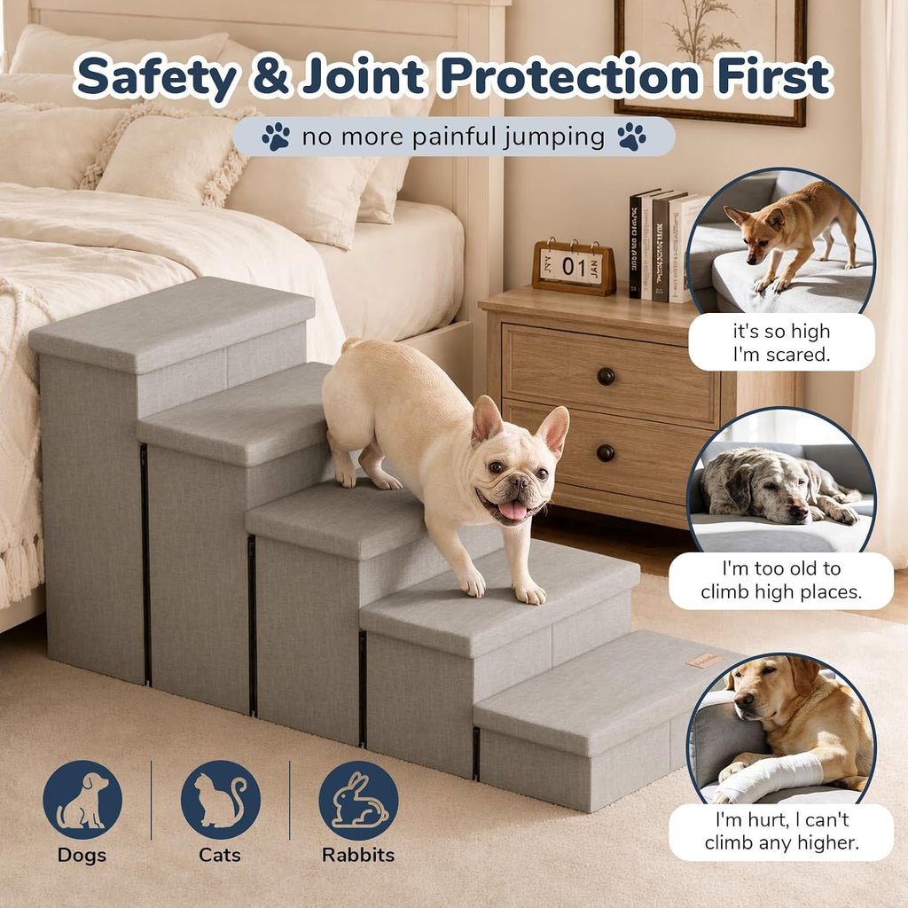 5-Step Wide Dog Stairs with Storage 23" H, Non-Slip Sturdy Pet Steps for High Bed Couch Window, Pet Stairs for Small/Medium/Large Old Dogs Cats Up to 260lbs, Cat Dog Steps for Car/SUV, Grey