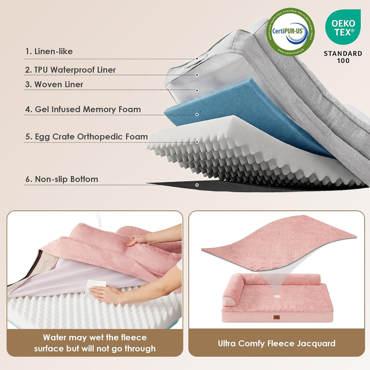 EHEYCIGA Large Dog Bed Memory Foam for Crate, Orthopedic Dog Bed Large Size Dogs with Washable Removable Cover, Waterproof Pet Sofa Couch with Nonskid Bottom, 35x22x6, Pink