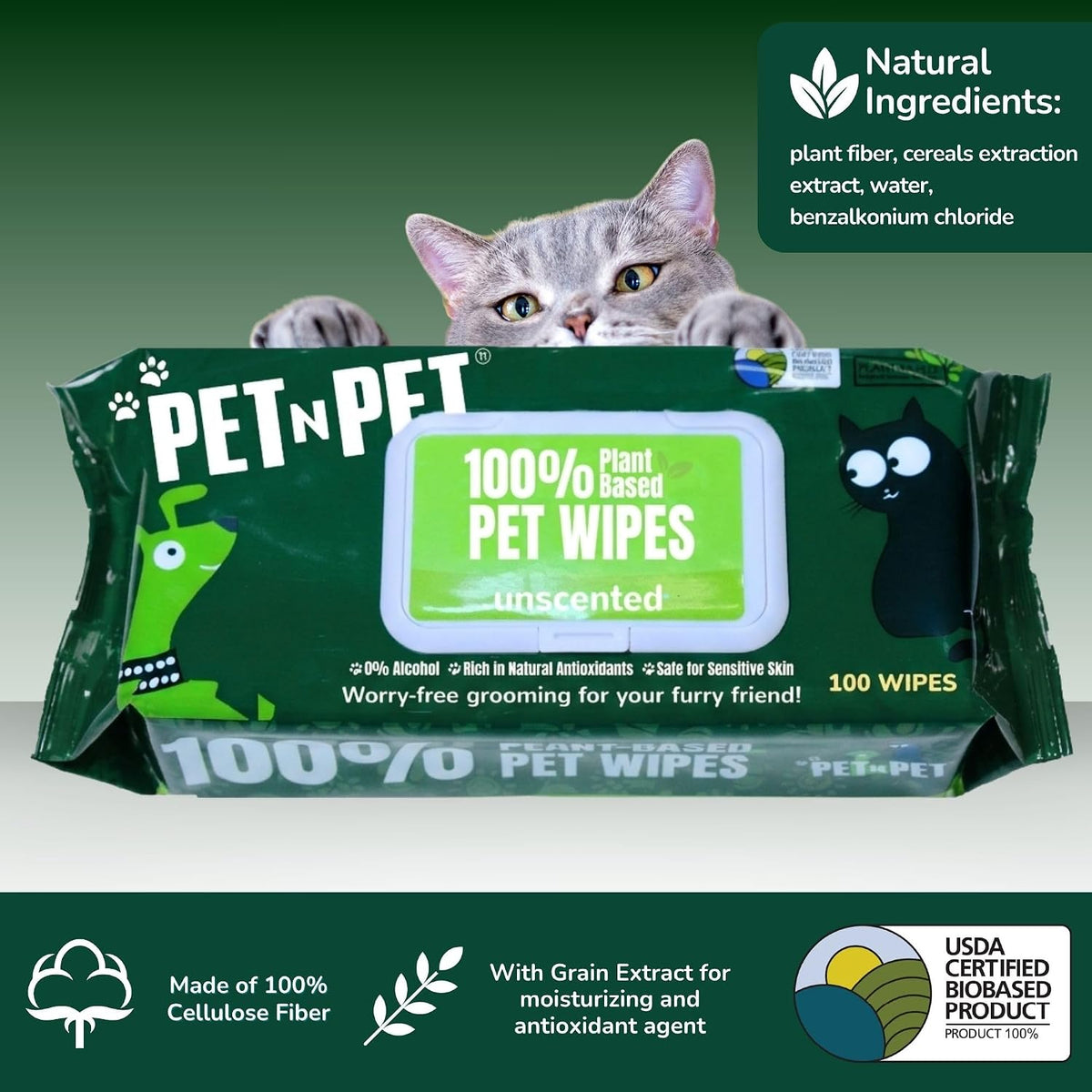 PET N PET 100% Plant Based Dog Wipes for Paws and Butt, 100 Counts Hypoallergenic Unscented Dog Pet Wipes, 8" x 8"