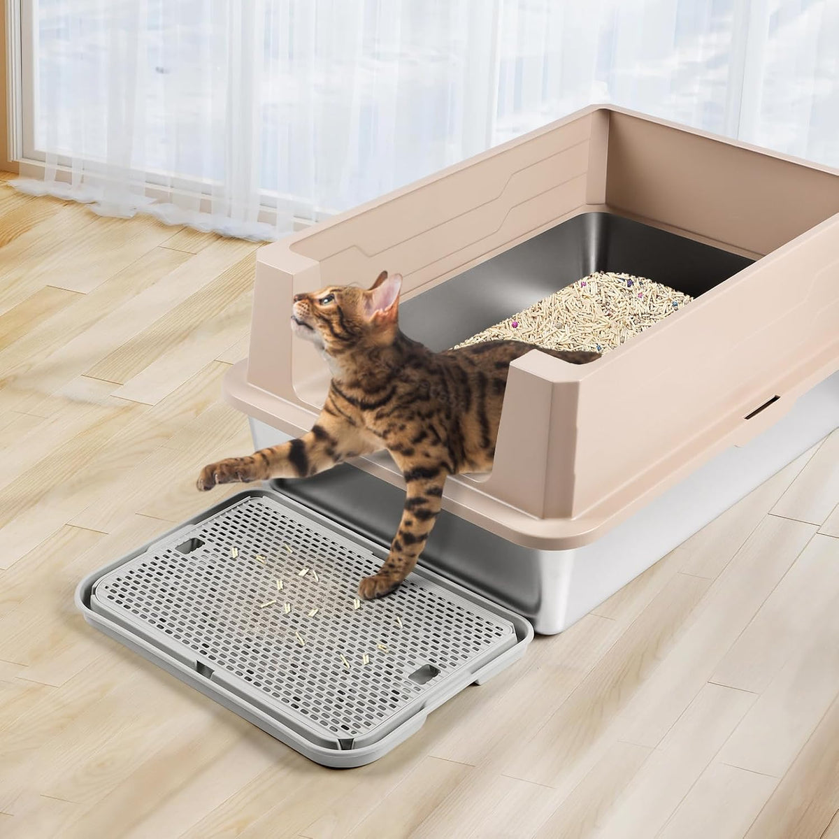 Cat Litter Box Step, Large Cat Litter Ramp with Filter Function, Light Grey