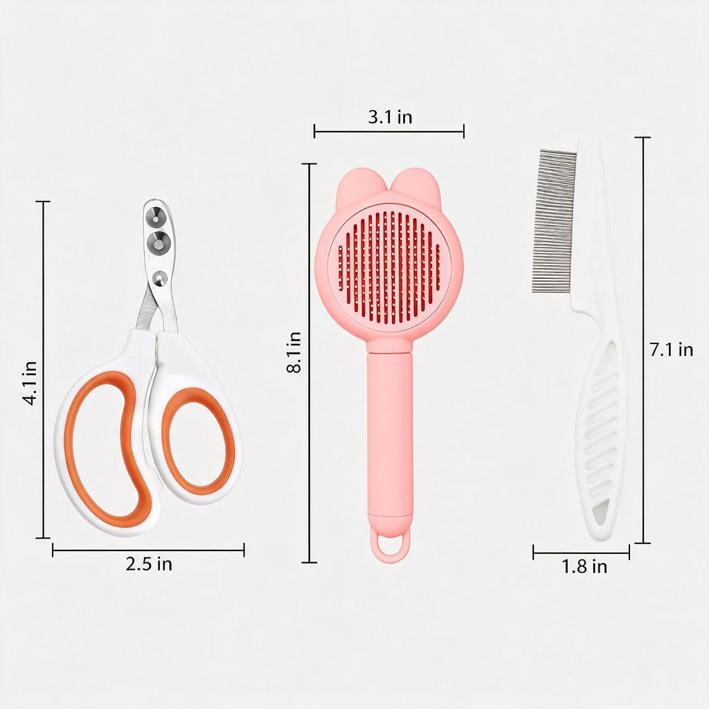 3PCS Cat & Dog Grooming Kit,Bath Brush,Nail Clipper,Flea Comb(Pink)