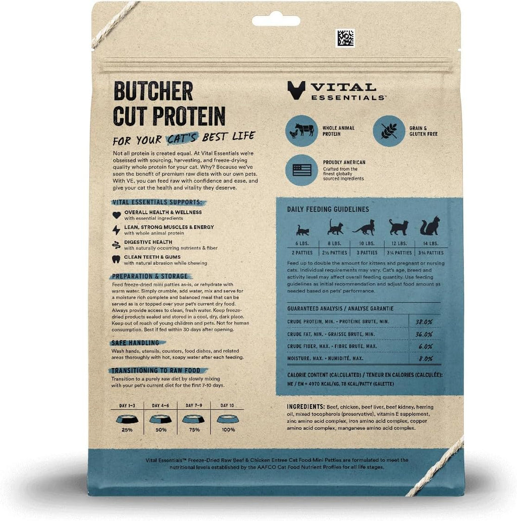 Vital Essentials Freeze Dried Cat Food, Beef & Chicken Mini Patties, 15 oz