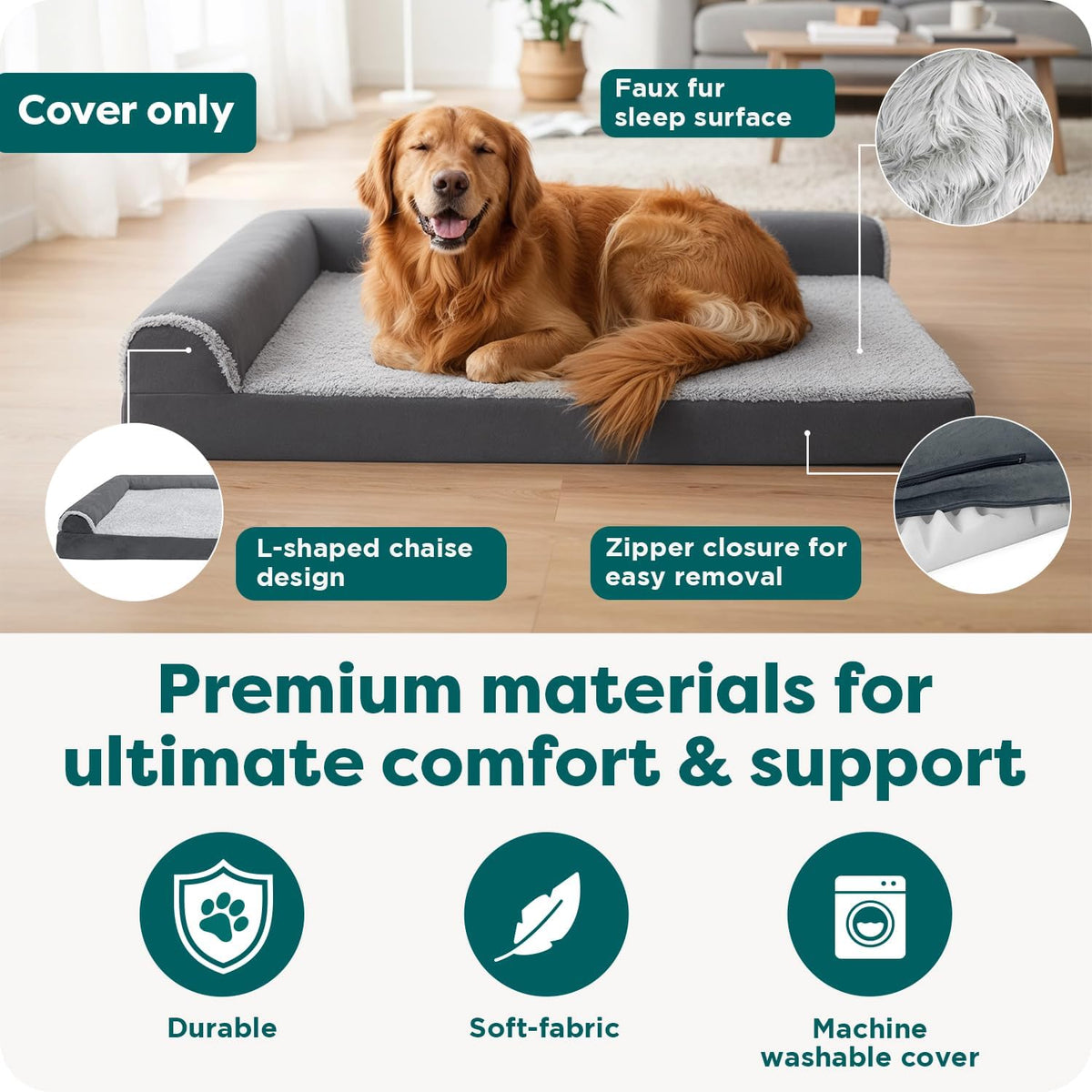 FurHaven Replacement Dog Bed Cover, Two-Tone Bed Cover for L-Shaped Chaise, Removable Washable Cover, Large, Faux Fur & Suede, Stone Gray