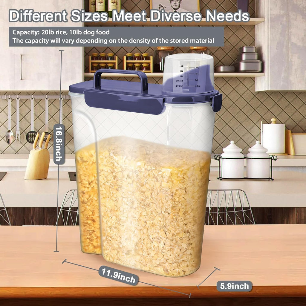 Komzon Rice Storage Containers, 20 lb Rice dispenser with Pouring Spout Large Bin for Flour, Pasta, Grain and Baking, Pet Dog Cat Bird Food Container Blue