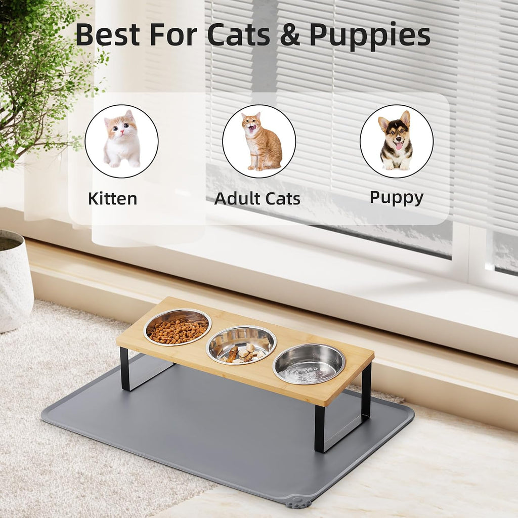 Upgraded Elevated Cat Bowls with Food Mat,15°Tilted Stand Anti Vomiting Raised Cat Dishes for Food and Water,3 Stainless Steel Bowls for Cats and Puppy