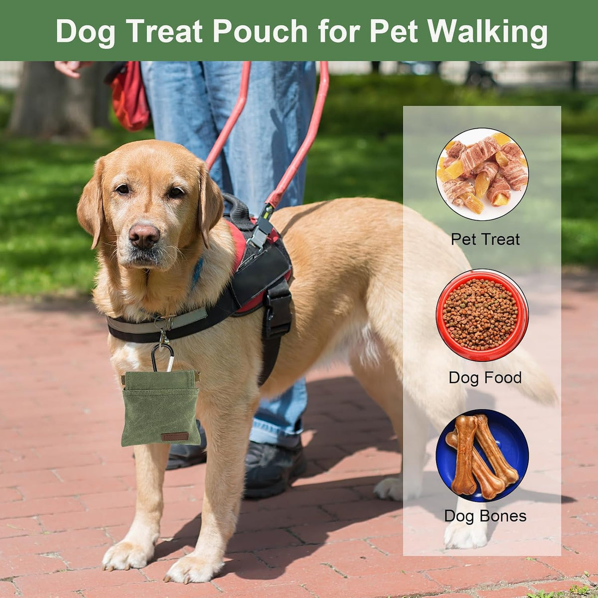 2Pcs Dog Treat Pouch, Dog Treat Pouches for Pet Training, Portable Auto Closing Dog Walking Bag with Carabiner for Puppy Travel or Outdoor Use Black Green