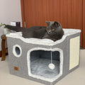 Cat House Bed for Indoor Cats with Fluffy Ball and Scratch Pad,Light Grey