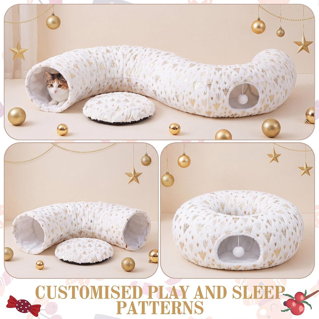 Christmas Tree Cat Tunnel 36 in Donut Bed, White, Polyester, Gold Foiling