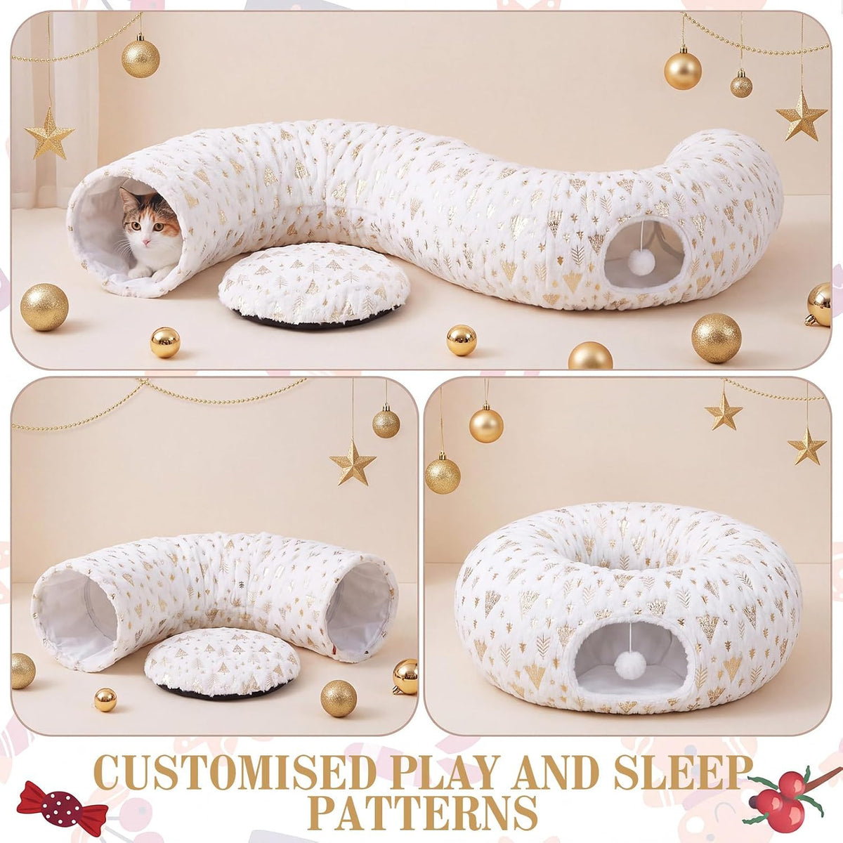 Christmas Tree Cat Tunnel 36 in Donut Bed, White, Polyester, Gold Foiling