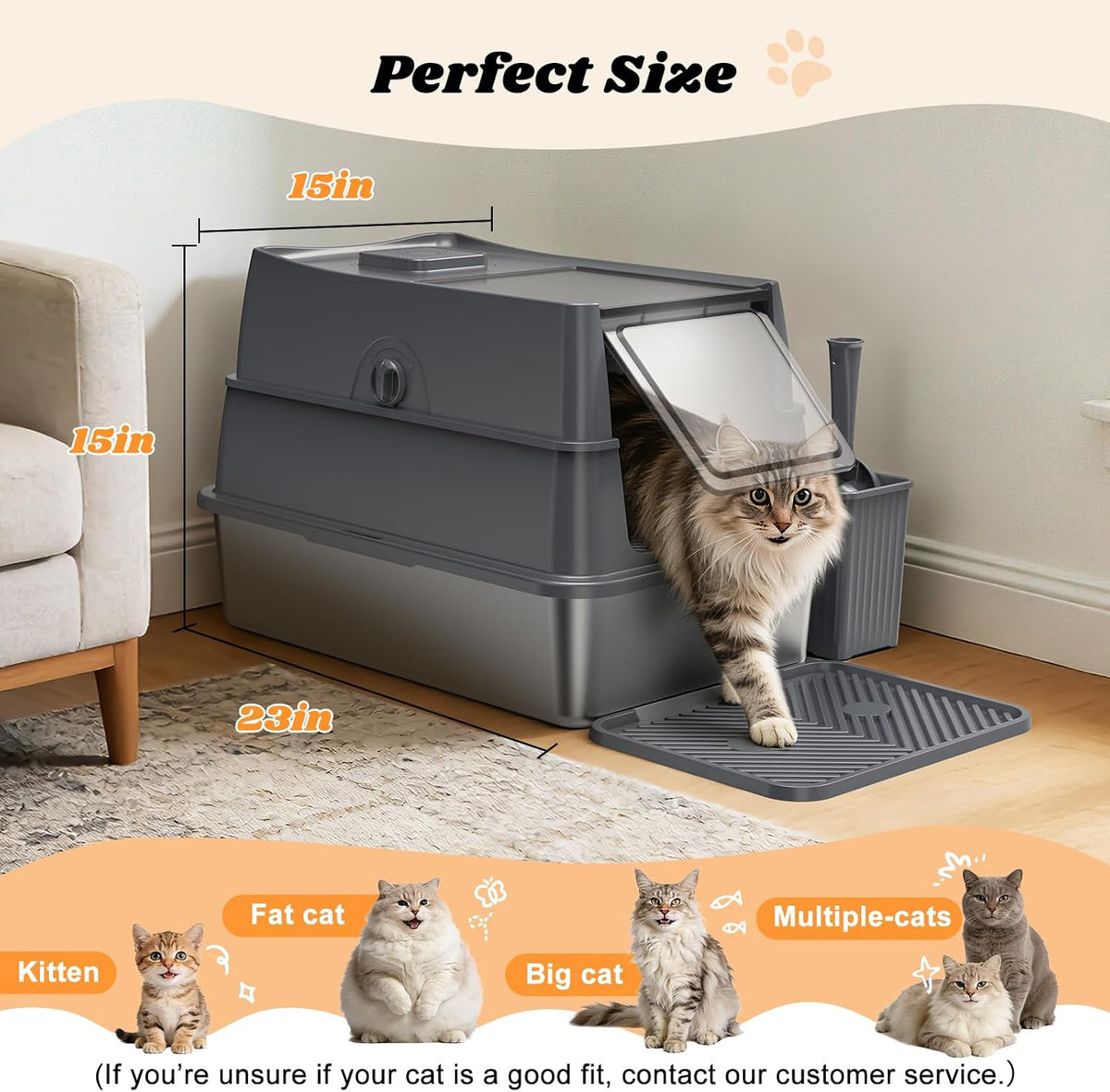 AIPERRO Enclosed Stainless Steel Cat Litter Box with Lid High Sided | Enclosure FILP-Top Metal Litter Boxes with Scoop Set for Big Cats | Odor‑Resistant | Non-Sticky, Anti-Leakage & Easy Cleaning