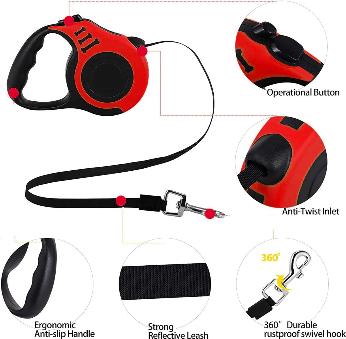 Retractable Heavy Duty Dog Leash, 16FT Walking Leashes, Red