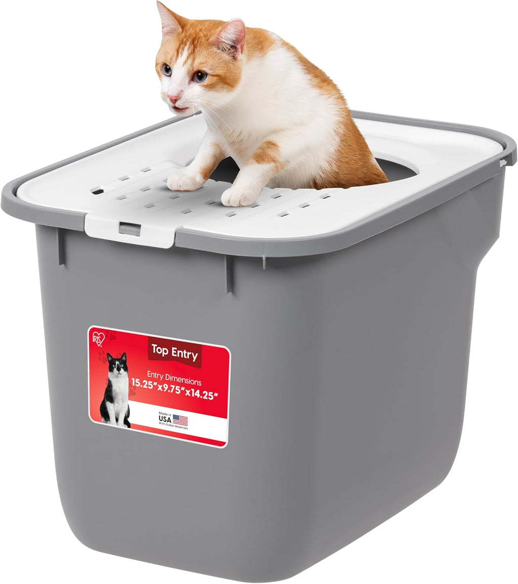 IRIS USA Large Top Entry Cat Litter Box, Hooded Privacy, Gray/White | Multi-Cat Households, Enclosed Top Access, Mess Containment System, Protected Interior, Reduced Tracking, Odor Trapping
