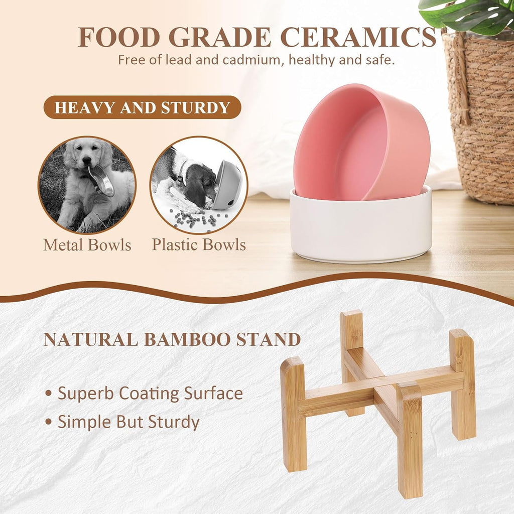 Ceramic Elevated Dog Bowl with Bamboo Stand, for Small & Medium Dog, Yellow