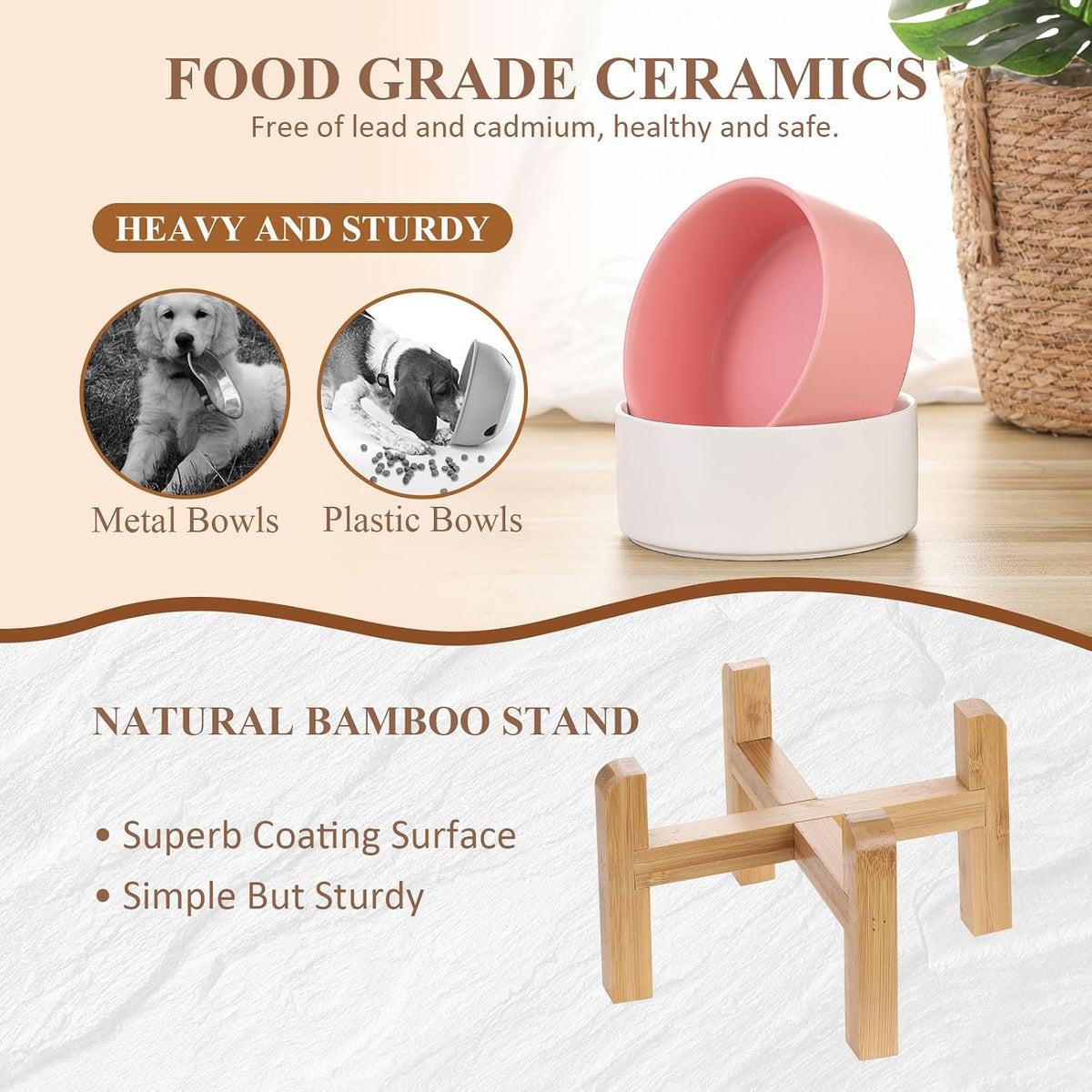 Ceramic Elevated Dog Bowl with Bamboo Stand, for Small & Medium Dog, Yellow