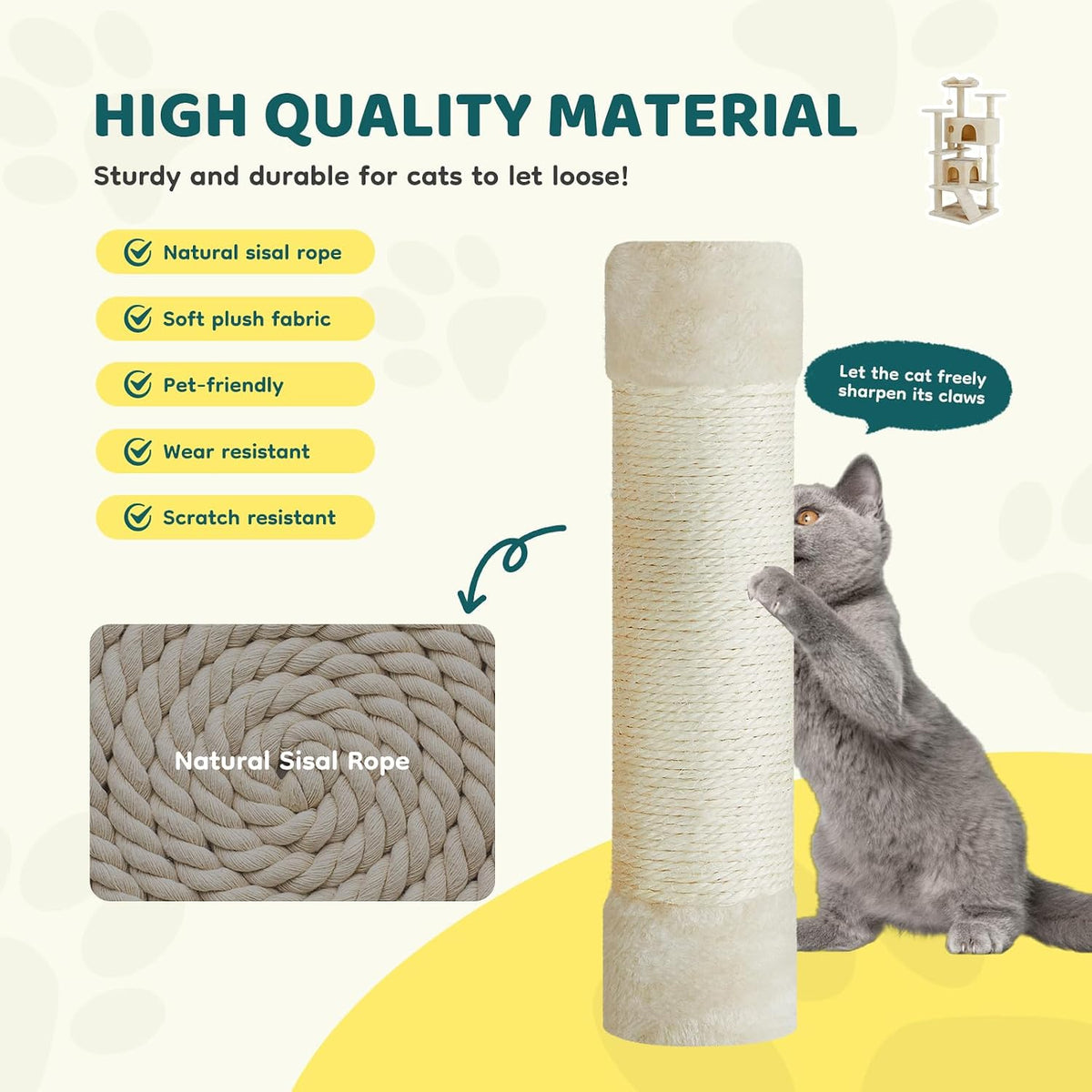 54 Inch Cat Tree Tower with Sisal Scratching Post, Multi-Level