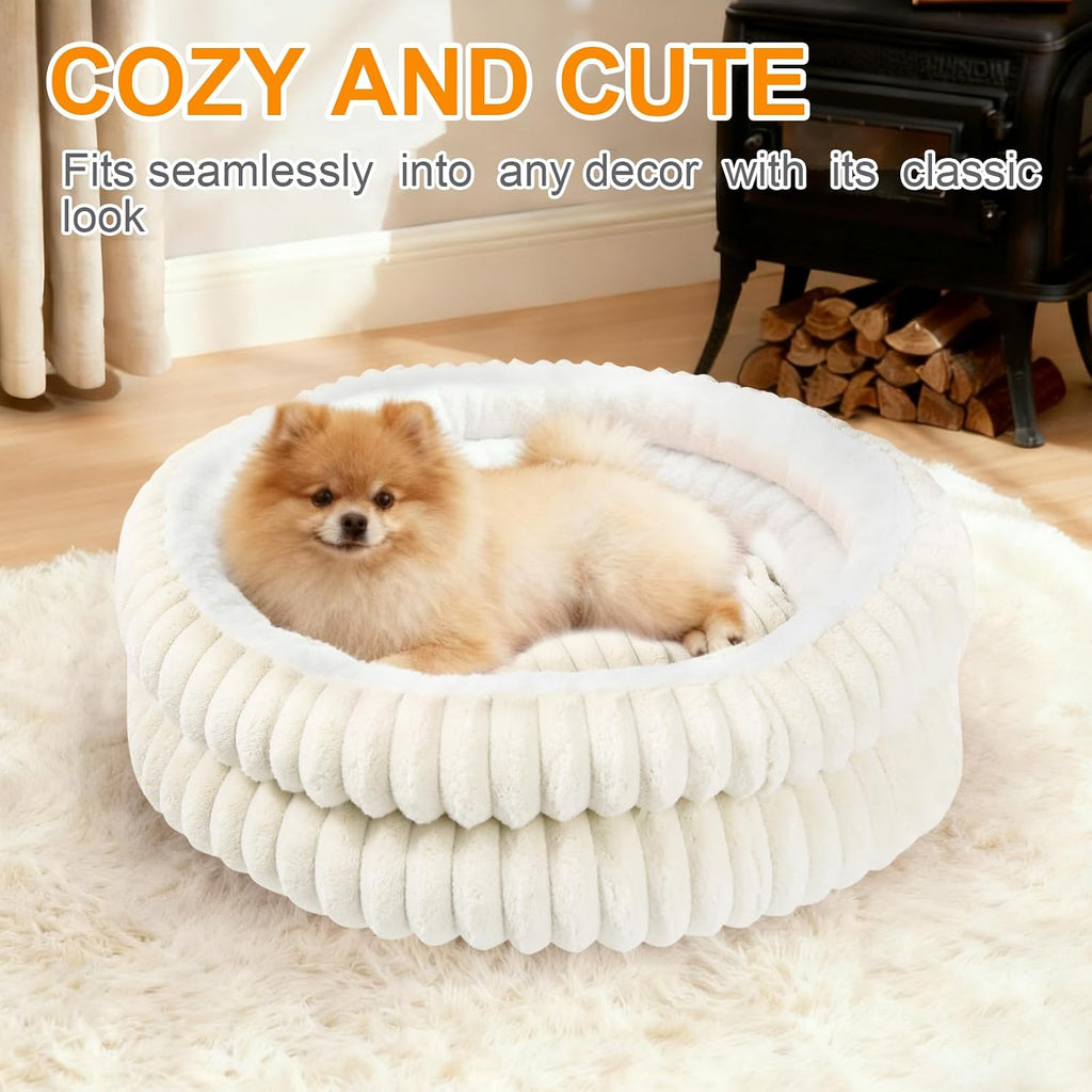 Cat Beds for Indoor Cats,Washable Round Donut Dog Bed(White, S)