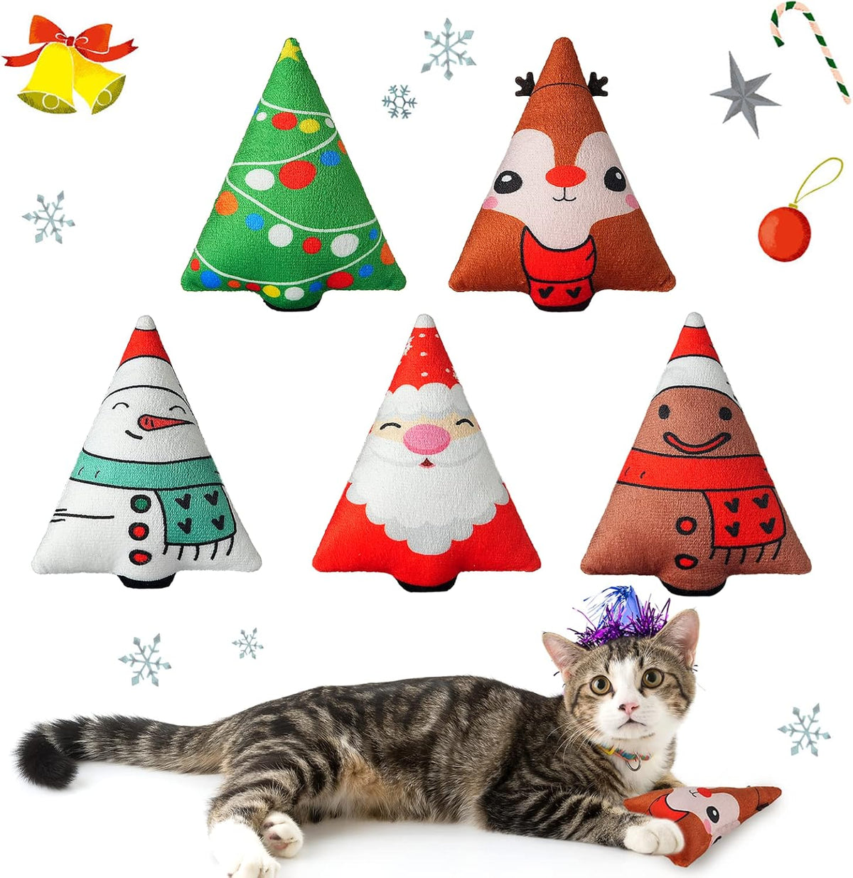 Christmas Catnip Toys Interactive Cats 5PCS Cat Nip Toy/Kitten Chew Plush Gift/Best Play Kick Stuff/Kitty Stuffed Teething Pillow/Cute and Soft Dental Gifts (5 types of Christmas decorations)