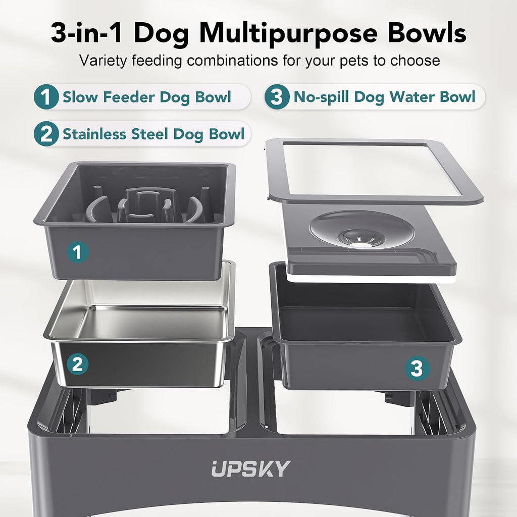 UPSKY 3-in-1 Elevated Dog Bowls Set with 4 Height Adjustable Stand, Gray
