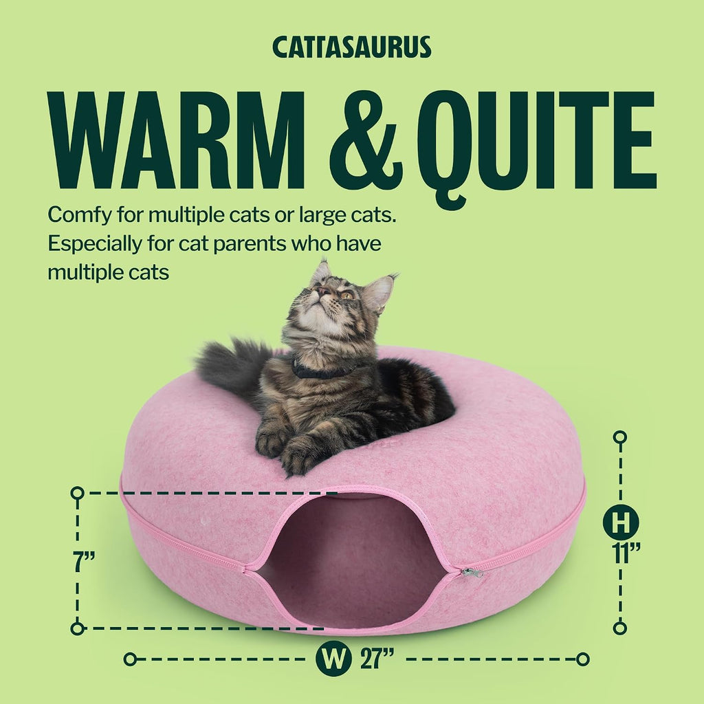 Cattasaurus Peekaboo Cat Cave Donut for Multiple & Large Cats up to 30-45 lbs, 3-in-1 Self Warming Cat Bed, Tunnel & Scratcher for Indoor Cats, Washable & Detachable Small Dog Bed (Pink, Jumbo)