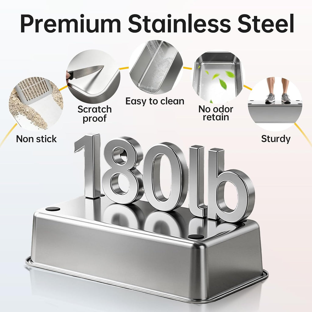 High-Sided Stainless Steel XL Cat Litter Box for Cats | High-sided design prevents urine leakage. Non-stick and easy to clean. Includes scoop.
