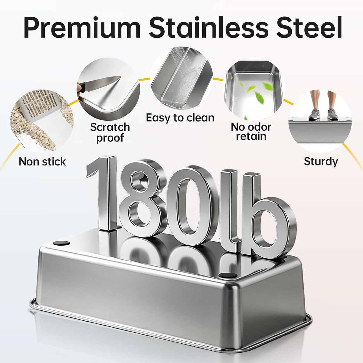 High-Sided Stainless Steel XL Cat Litter Box for Cats | High-sided design prevents urine leakage. Non-stick and easy to clean. Includes scoop.