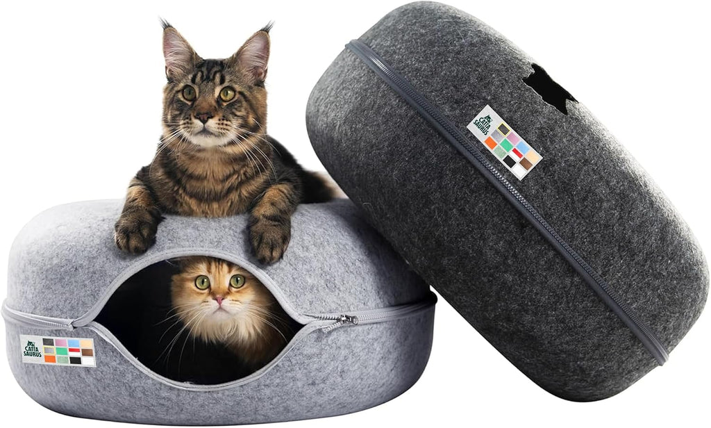 Cattasaurus Peekaboo Cat Cave Donut for Multiple & Large Cats up to 30-45 lbs, 3-in-1 Self Warming Cat Bed, Tunnel & Scratcher for Indoor Cats, Washable & Detachable (Light Gray + Dark Gray, Large)