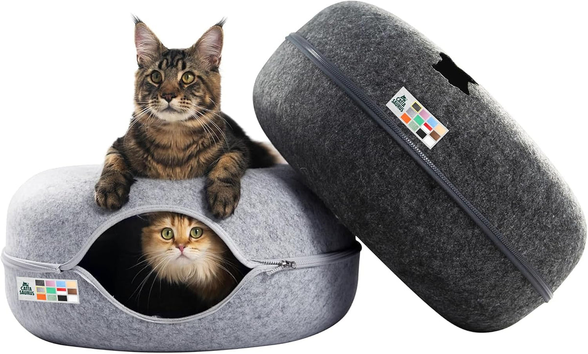 Cattasaurus Peekaboo Cat Cave Donut for Multiple & Large Cats up to 30-45 lbs, 3-in-1 Self Warming Cat Bed, Tunnel & Scratcher for Indoor Cats, Washable & Detachable (Light Gray + Dark Gray, Large)
