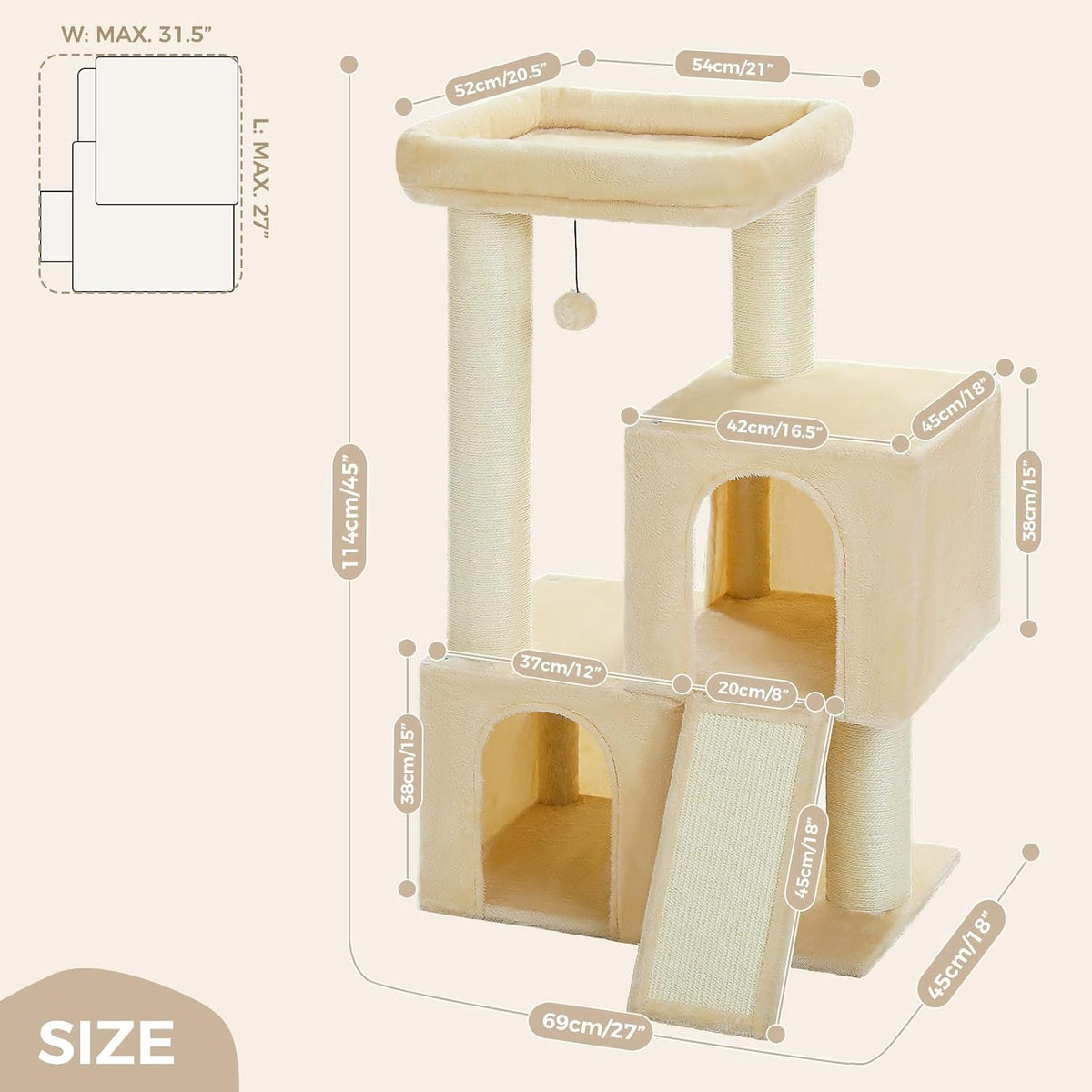 PAWZ Road Large Cat Tree, 45" Heavy Duty Cat Tower with Dual Condos, Beige
