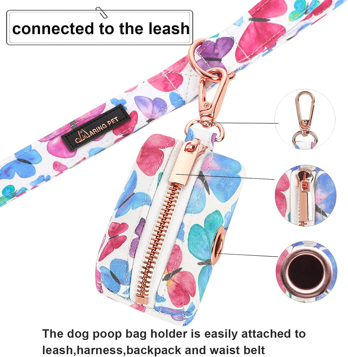 ARING PET Dog Waste Bag Dispenser, Cotton Doggy Poop Bags Holders Attach to Any Leashes, Portable Washable Butterfly Pattern Pet Waste Pouch Dispenser with Metal Zipper