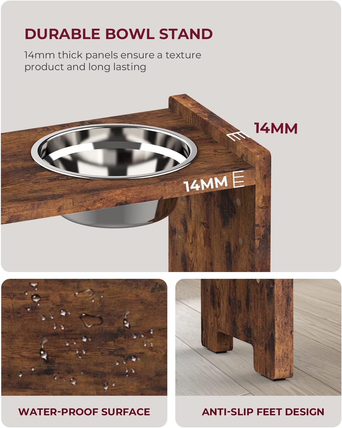 Elevated Dog Bowls, Raised Bowl Stand Adjustable Small, Rustic Brown | Particle Board Raised Feeder with 2 Stainless Steel Bowls, Adjustable Height for Small Puppies and Cats